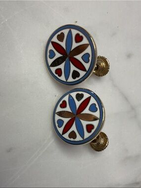 Vintage Enamel Round Decorative Screw-Back Earrings - Red, Blue, Brown, Black